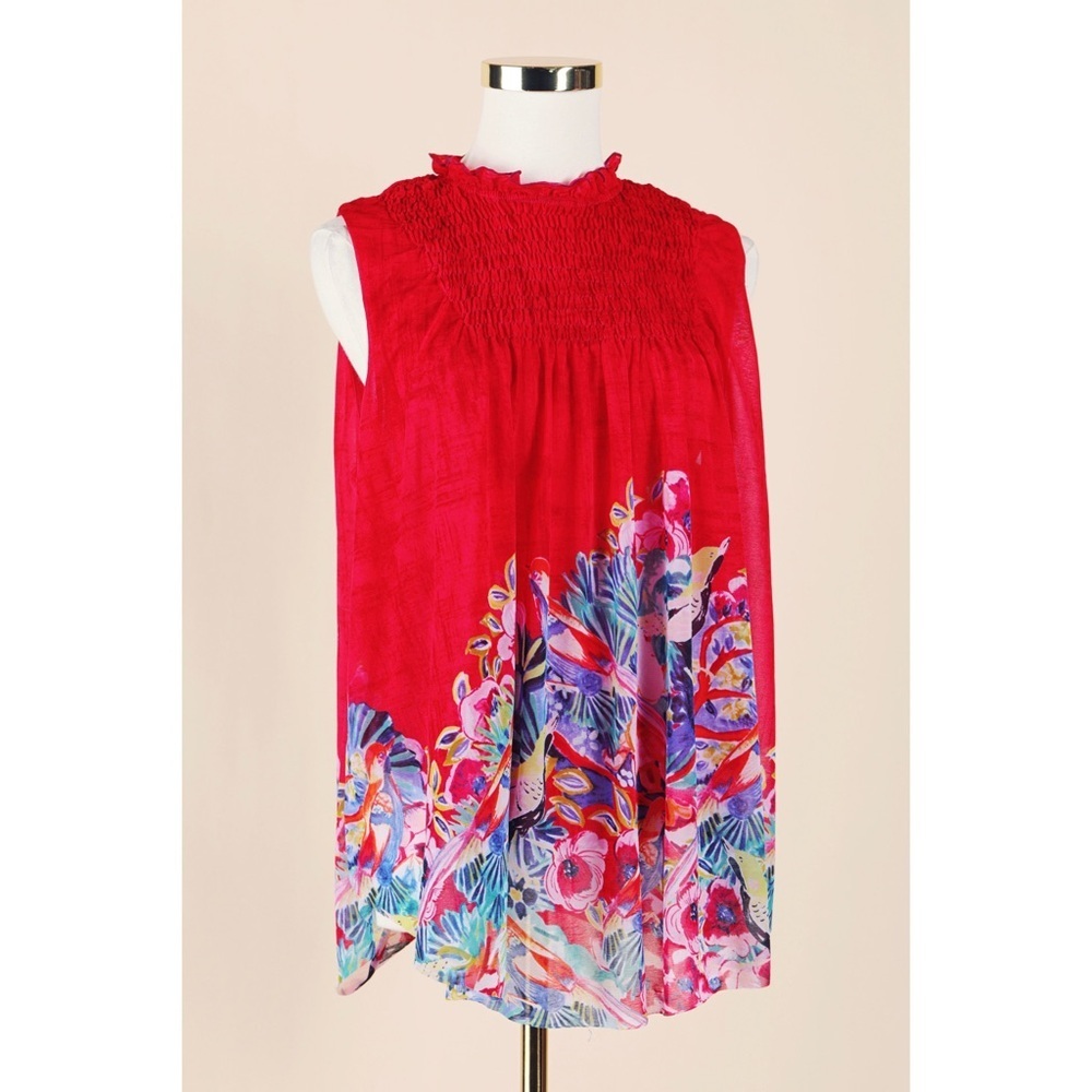 Sz M Deletta Anthropologie Tropical Red Dominica Smocked Floral Swing Top EUC
